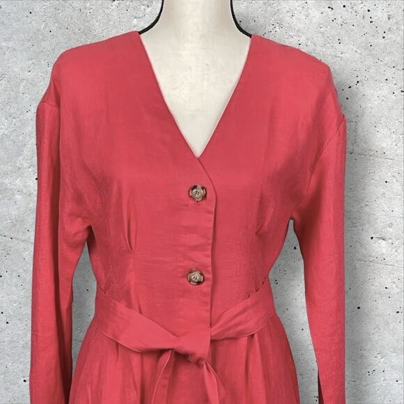Xirena Button Up Pink Linen Midi Dress Size S Tie Belt Contemporary Minimalist - Picture 2 of 8